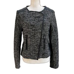 Forever 21 Black and White Wool-Blend  Herringbone Moto Jacket with Faux Leather
